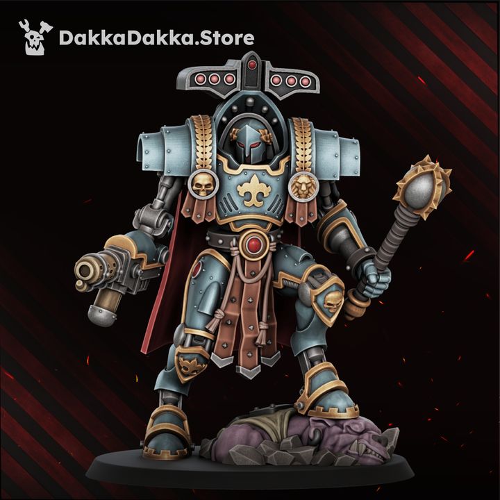 Front view of the hero Exosceletus model holding a mace and pistol, standing over a defeated creature base