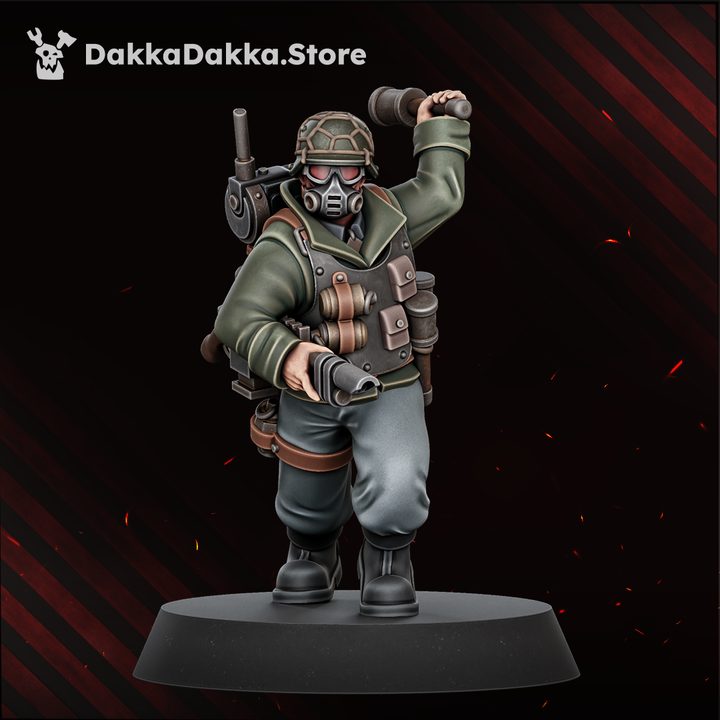 Painted veteran miniature raising a stick grenade overhead with gas mask and pistol at hip