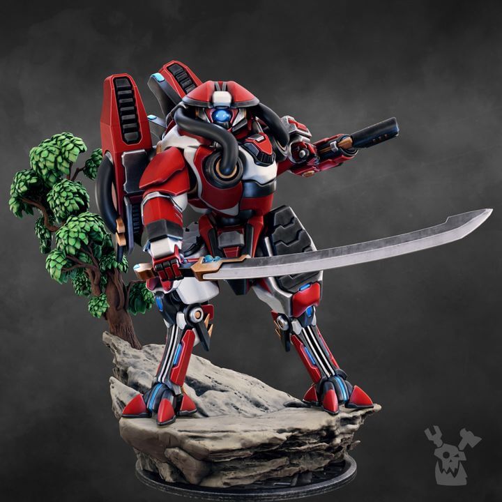Sci-Fi Battlesuit Commander Warmaster Keengaze, dynamic pose with a massive blade, showcasing tactical brilliance.