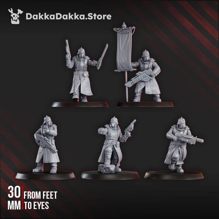 2nd Death Division Commander Squad x 5 sci-fi miniatures in grey resin, 30mm scale, designed for tabletop wargaming.