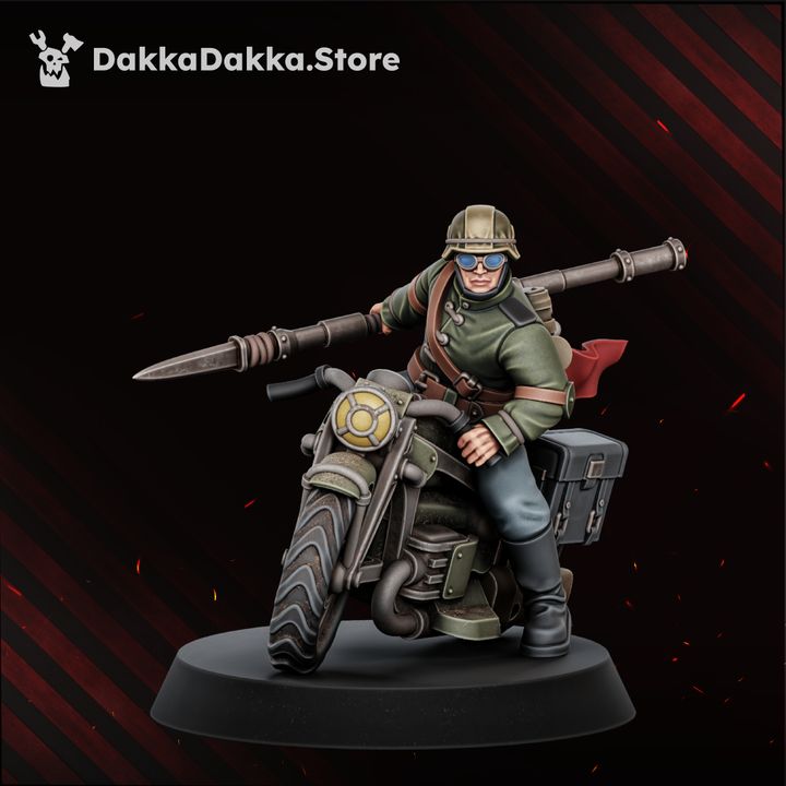 Rider miniature leaning forward with a long lance-style weapon, blue goggles and red pennant detail