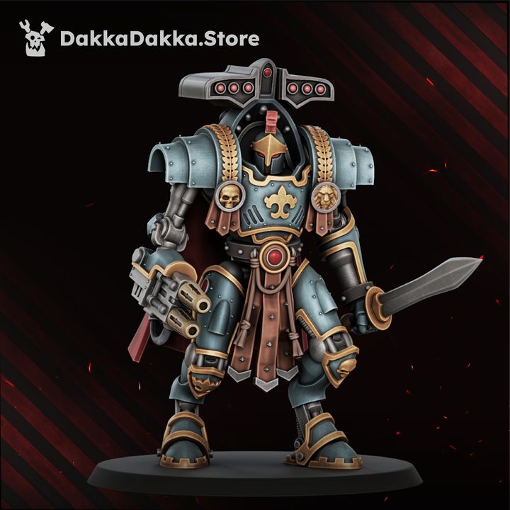 Front view of Exosceletus trooper armed with sword and heavy pistol, showing fleur-de-lis chest icon and gold trim