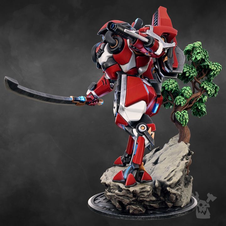 Sci-Fi Battlesuit Commander Warmaster Keengaze, dynamic pose with a massive blade, showcasing tactical brilliance.
