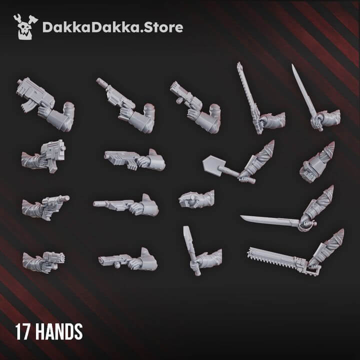 17 sci-fi wargaming miniature hands including weapons and tools, ideal for customization and tabletop games.