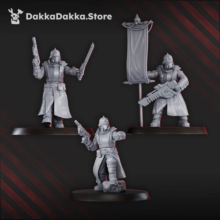 3 sci-fi wargaming miniatures from 2nd Death Division Commander Squad in grey resin, ideal for tabletop games.