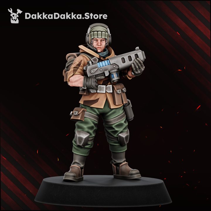 The Alcat Rats Veterans Brigade squad of four painted resin miniatures shown with grey unassembled build kit parts above, 29mm scale