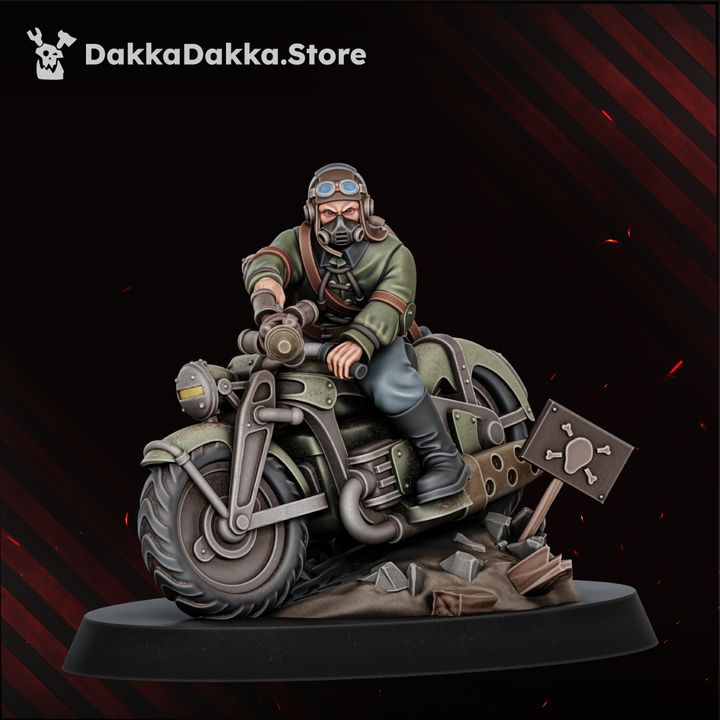 Masked rider on a stationary bike with skull pennant attached to the frame, rubble scenic base