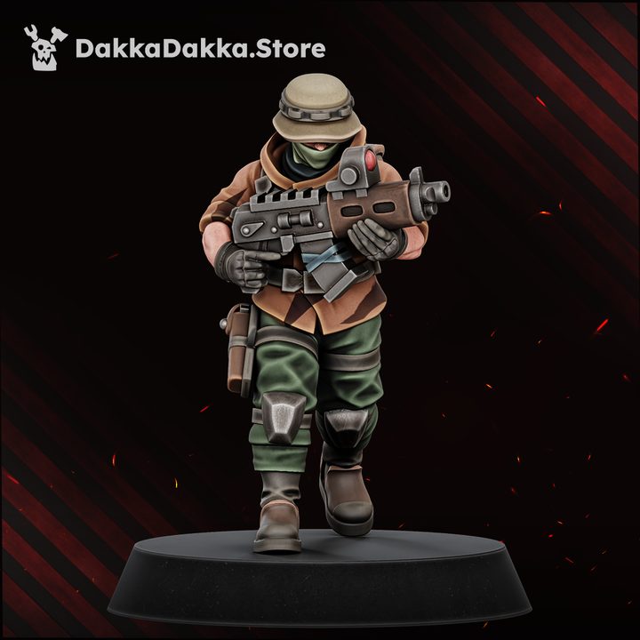 The Alcat Rats Veterans Brigade squad of four painted resin miniatures shown with grey unassembled build kit parts above, 29mm scale