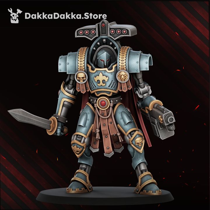 Front view of second Exosceletus trooper with sword and pistol, darker armour variant and red cape