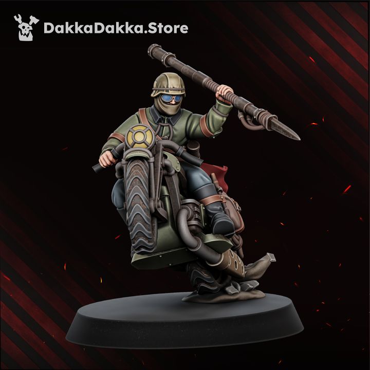 Rider holding weapon aloft mid-charge, face wrap and goggles, dynamic wheelie pose