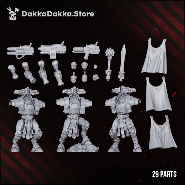 Unpainted grey resin parts spread showing all 29 components including bodies, weapons, capes and heads