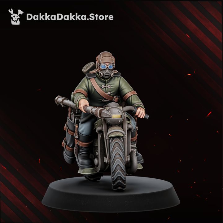 Front-facing rider with gas mask and dual handlebar-mounted weapons, straight-on view
