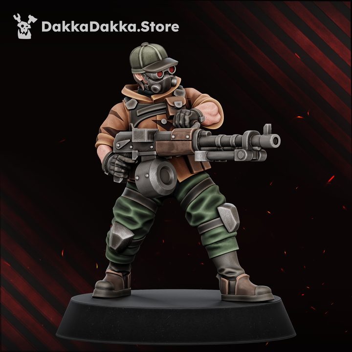 The Alcat Rats Veterans Brigade squad of four painted resin miniatures shown with grey unassembled build kit parts above, 29mm scale