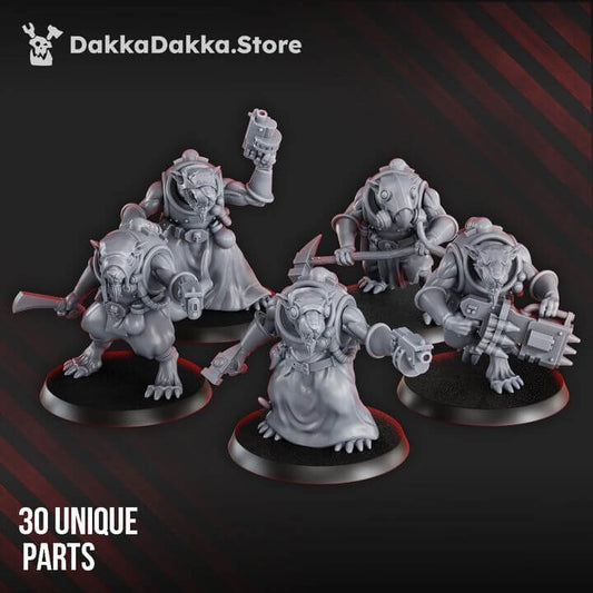 Ancient Mine Rat Squad miniatures with 30 unique parts for sci-fi tabletop gaming, printed in durable grey resin.
