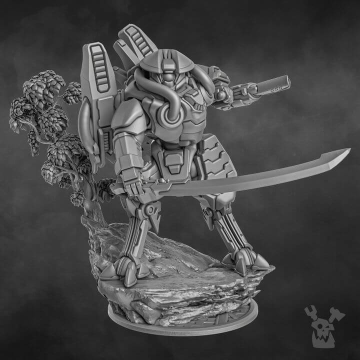 Sci-Fi Battlesuit Commander Warmaster Keengaze, dynamic pose with a massive blade, showcasing tactical brilliance.