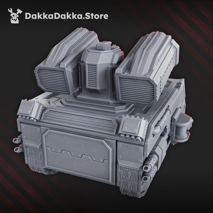 Sisterhood of Battle armored personnel carrier 3D printable miniature with missile launcher and cannon turret variants, 109mm long, 17 parts