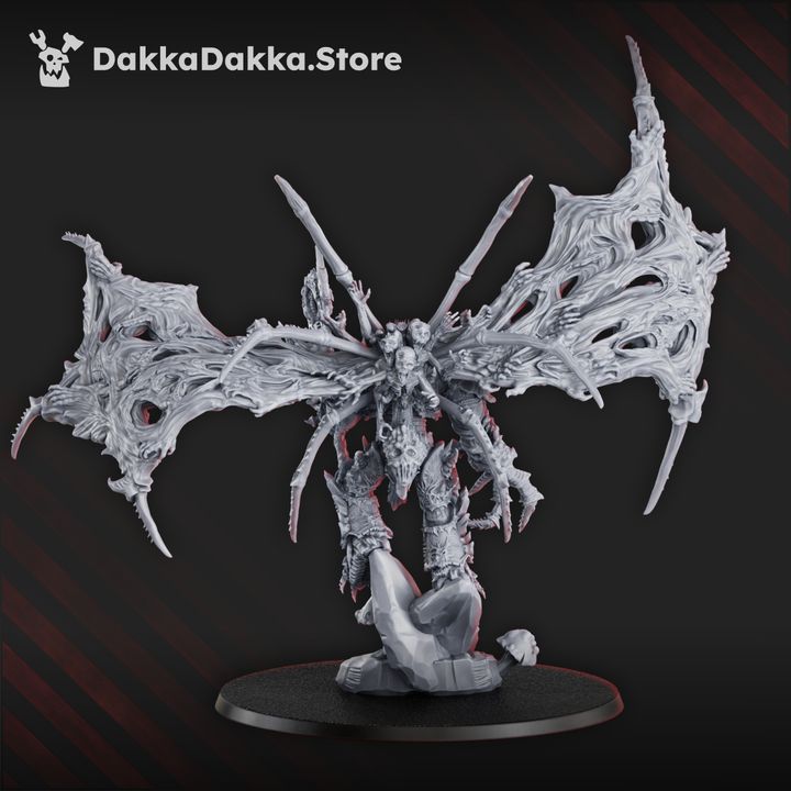 Avatar of Pandemic resin miniature, rear three-quarter view showing vast tattered wings and plague armour on oval base