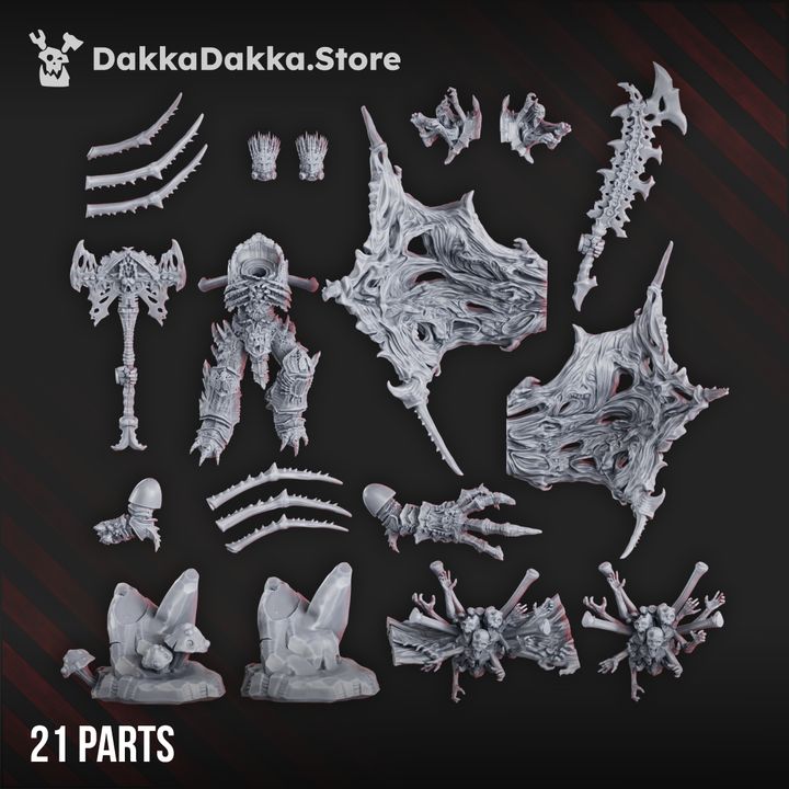 All 21 parts of the Avatar of Pandemic kit laid out flat showing wings, body, weapons, and scenic base components
