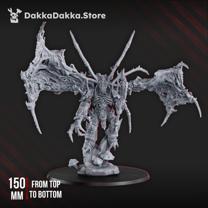 Front view of assembled Avatar of Pandemic miniature on base, 150mm height measurement shown
