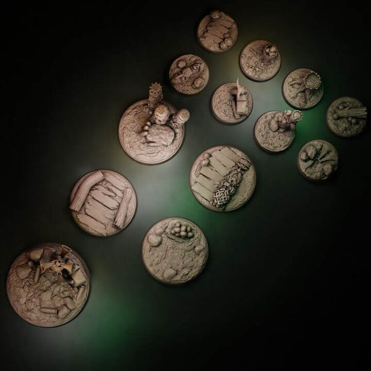 Coven Bases Set thirteen scenic resin bases in 25mm 32mm and 50mm with trench mud duckboards skulls and occult detail
