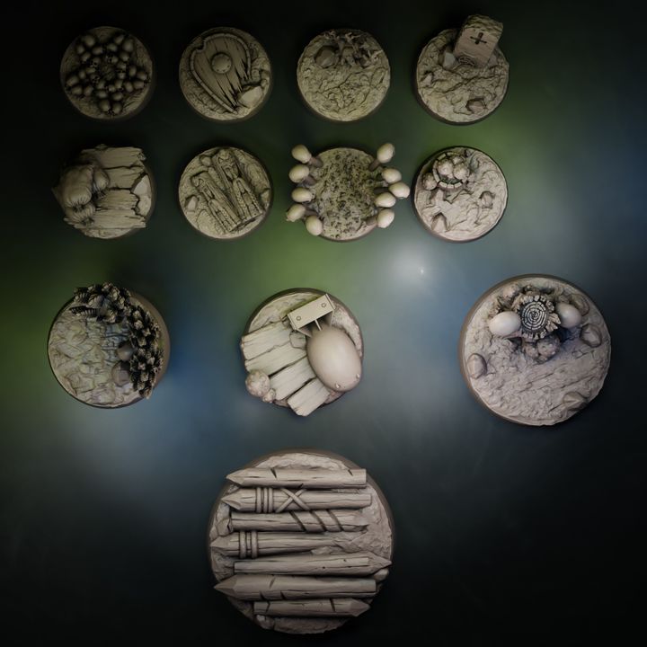 Coven of the Black Woods resin scenic bases set with skulls mushrooms graves and woodland detail