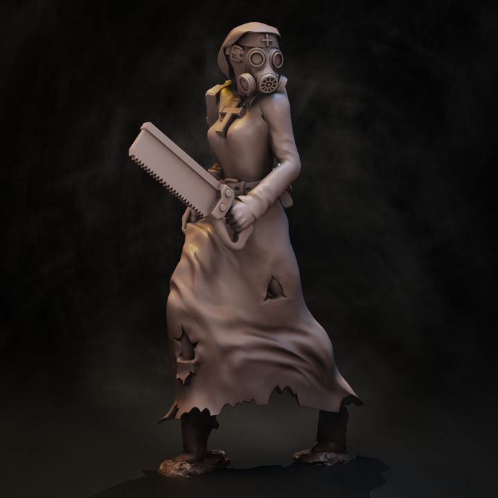 Rangers of the No Man's Land Battle Nurse resin miniature, front view showing gas mask, tattered habit and bone saw