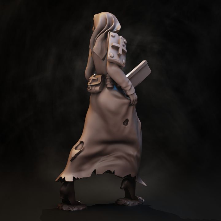Battle Nurse miniature rear view showing cross-marked pack, belt pouches and ragged robe hem
