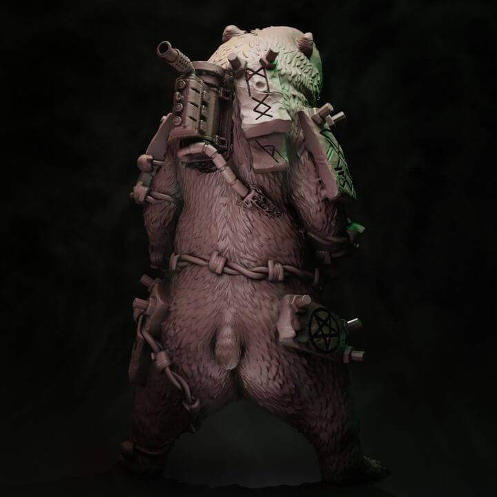 Coven Trench Bear armoured war bear resin centrepiece miniature with crusader armour plates, backpack weapon system and ritual rope bindings