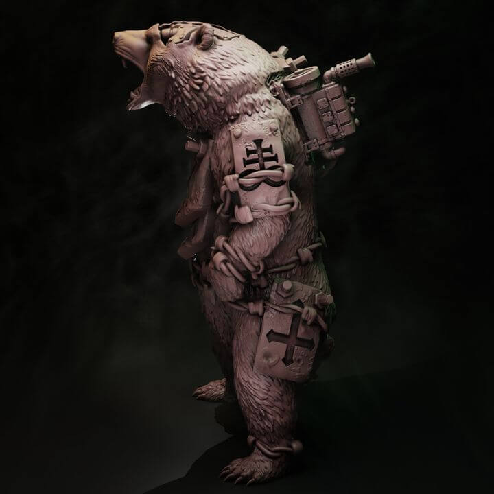 Coven Trench Bear armoured war bear resin centrepiece miniature with crusader armour plates, backpack weapon system and ritual rope bindings