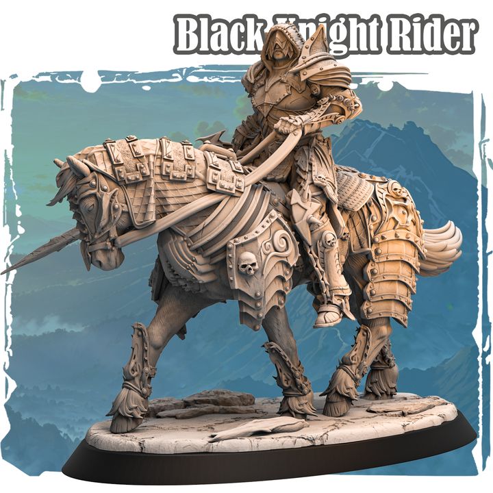 Forgotten Champions Black Knight Rider resin miniature on horseback with ornate skull armour and dynamic lance pose by sculptor Haito