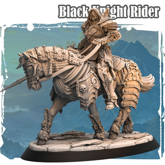 Forgotten Champions Black Knight Rider resin miniature on horseback with ornate skull armour and dynamic lance pose by sculptor Haito