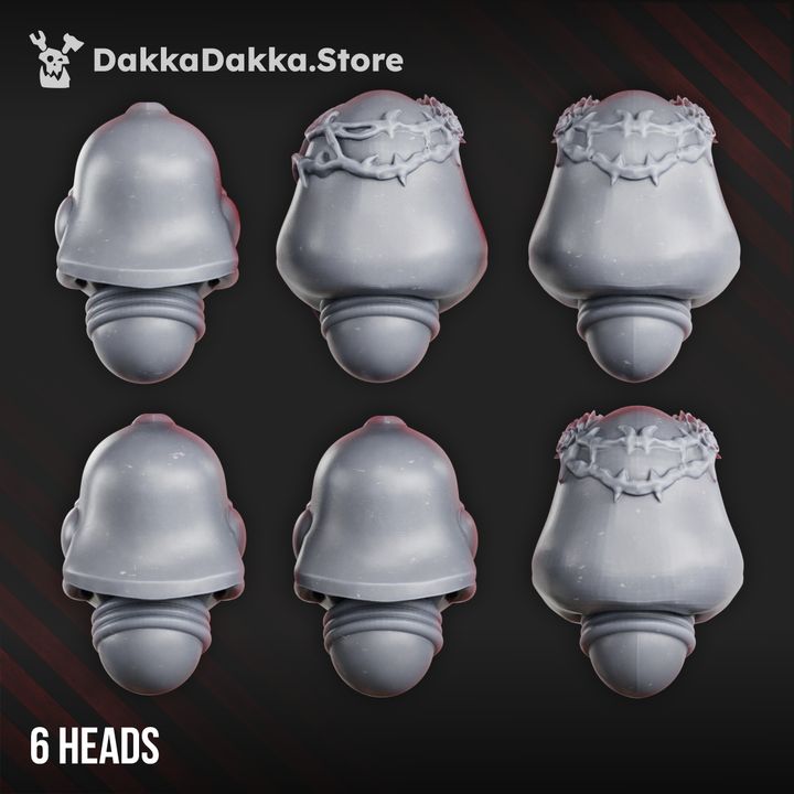 War Sisters Head bell-helm bits with thorn crown variants, set of 6 grey resin sculpts, front view