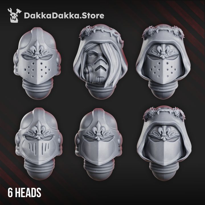 Six ornate knight helmet head bits with fleur-de-lis visors and rose crowns, front view