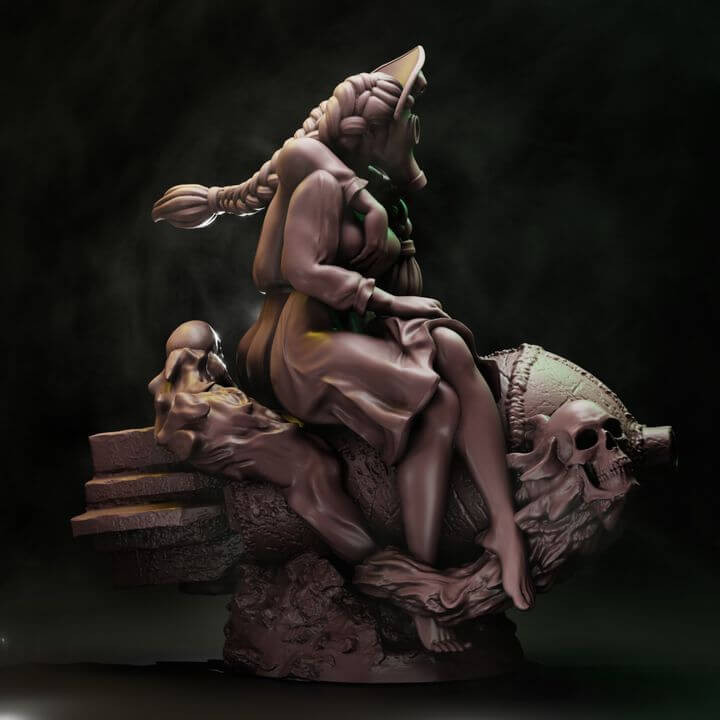 Coven Of The Black Woods Bomber Witches dual witch centrepiece resin miniature with plague bomb, gas masks, skull headdresses and scenic daemon base