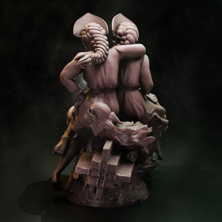Coven Of The Black Woods Bomber Witches dual witch centrepiece resin miniature with plague bomb, gas masks, skull headdresses and scenic daemon base