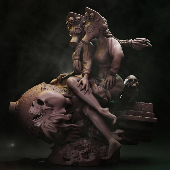 Coven Of The Black Woods Bomber Witches dual witch centrepiece resin miniature with plague bomb, gas masks, skull headdresses and scenic daemon base