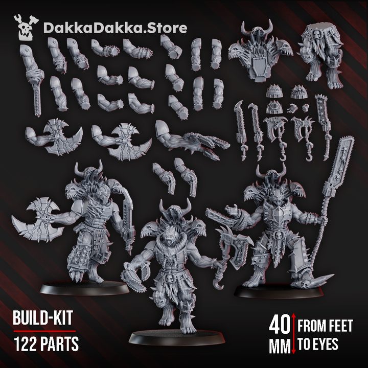 Cursed Bone Shredders build kit showing three assembled miniatures and spread of all 122 parts, grey resin