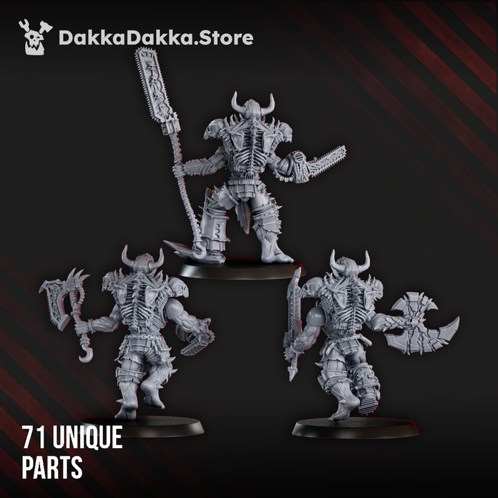 Rear view of all three squad miniatures showing spine detail, armour panels, and horned helmets