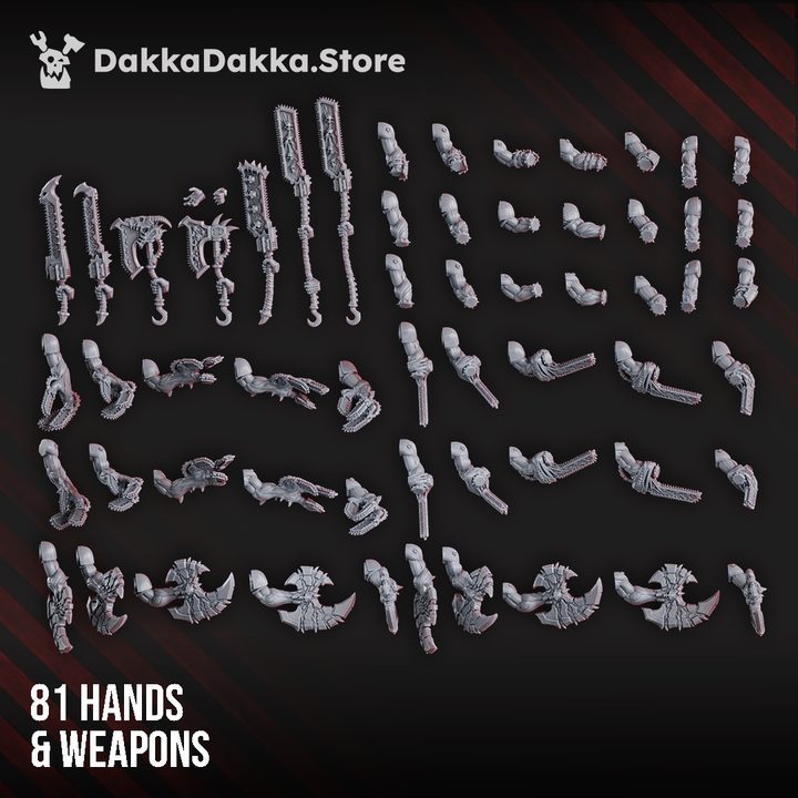 Flat lay of all 81 hands and weapons options included in the build kit, showing axes, chain weapons, and blades