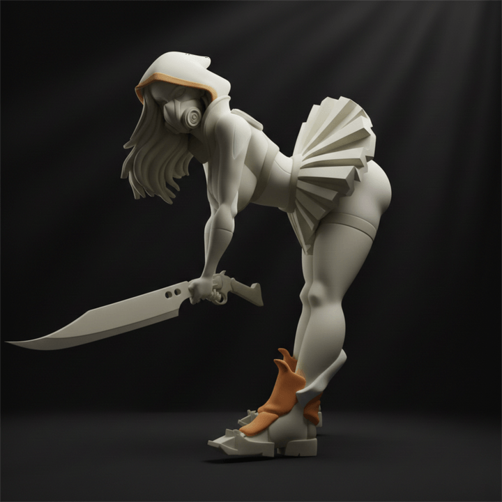 Sci Fi Pin up Luna stealth sniper with EMP rifle and hooded cloak