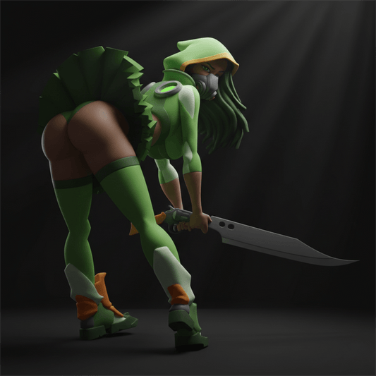 Sci Fi Pin up Luna stealth sniper with EMP rifle and hooded cloak