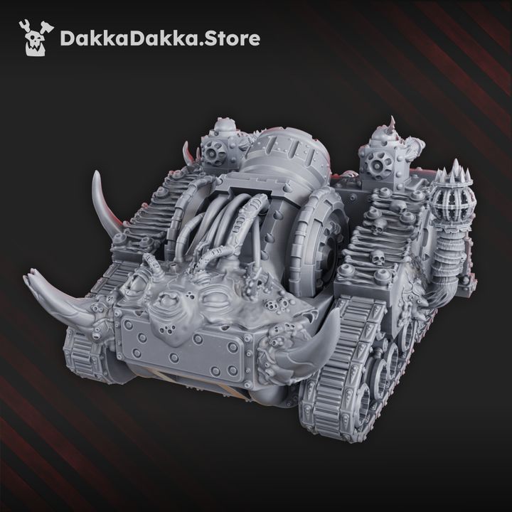 Rear three-quarter view of the plague tank showing large engine block, organic tubing, and curved horns
