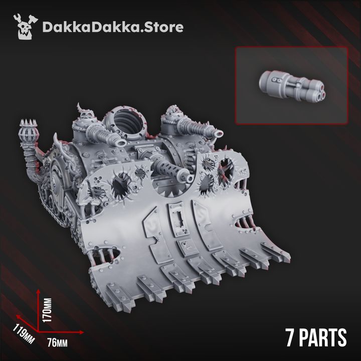 Pandemic Creeper Tank resin miniature front view showing dozer blade, saw gears, and turret weapons, 170mm tall