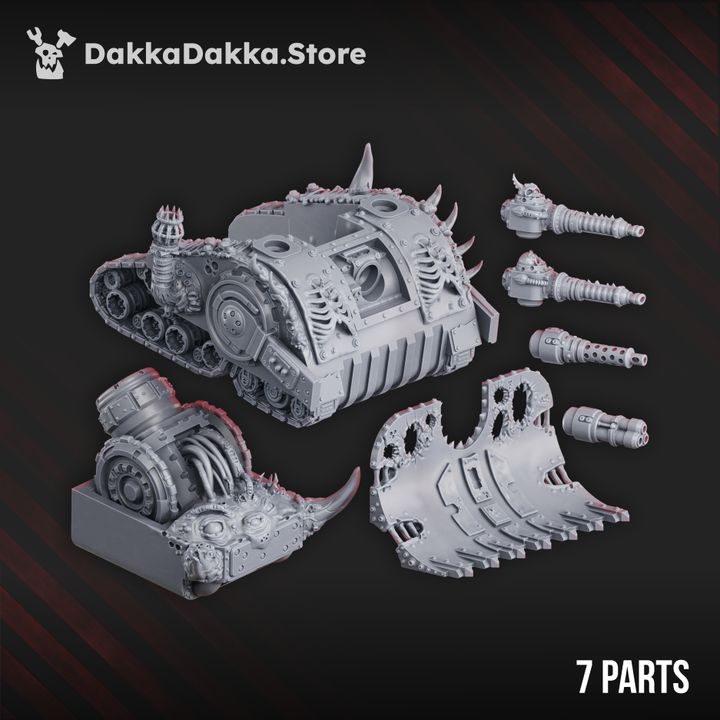 Exploded parts layout of the 7-part kit including hull, dozer blade assembly, engine block, and weapon options