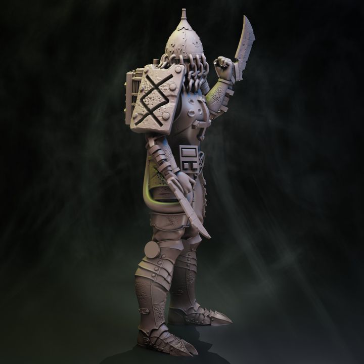 Coven of the Black Woods Death Bringer resin miniature, chaos cult warrior with gas mask, tentacle helm, backpack unit and dual blades, 32mm scale