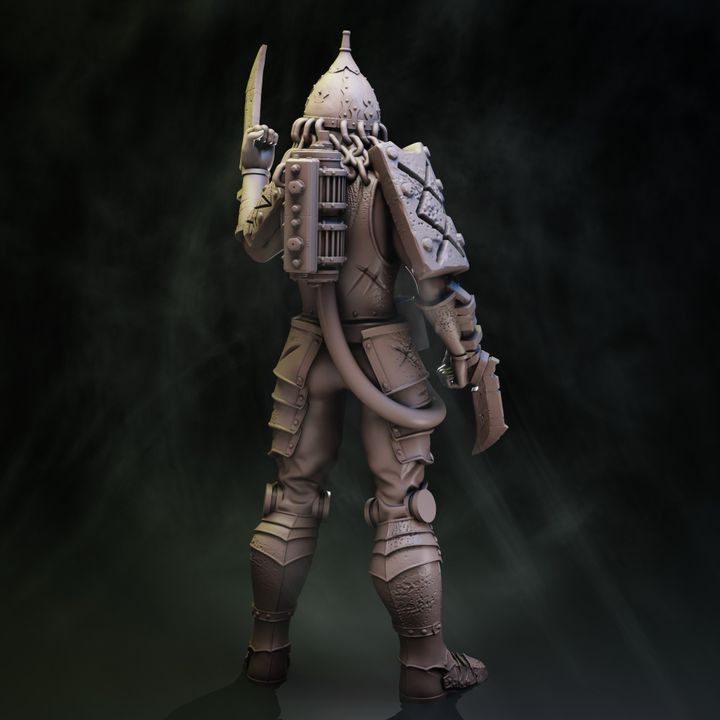 Coven of the Black Woods Death Bringer resin miniature, chaos cult warrior with gas mask, tentacle helm, backpack unit and dual blades, 32mm scale
