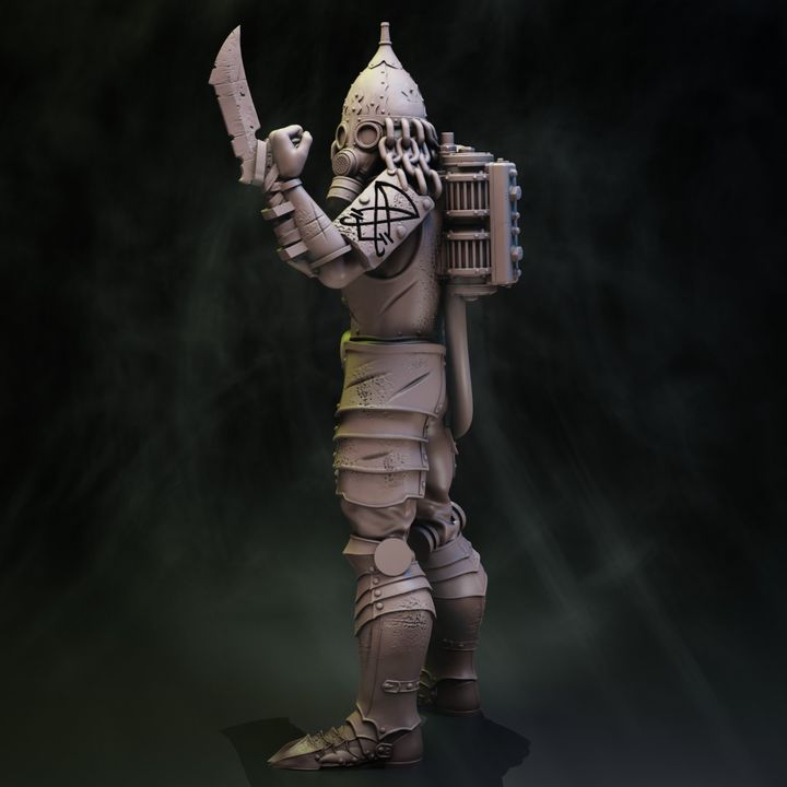 Coven of the Black Woods Death Bringer resin miniature, chaos cult warrior with gas mask, tentacle helm, backpack unit and dual blades, 32mm scale