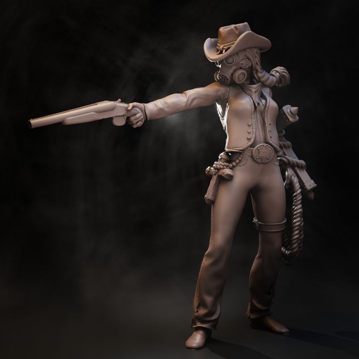 Rangers of the No Man's Land Deputies set female figure aiming shotgun with lasso and sheriff star belt 32mm resin