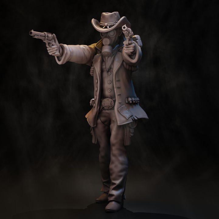 Deputies set male figure in duster coat aiming dual revolvers with gas mask and sheriff buckle front view