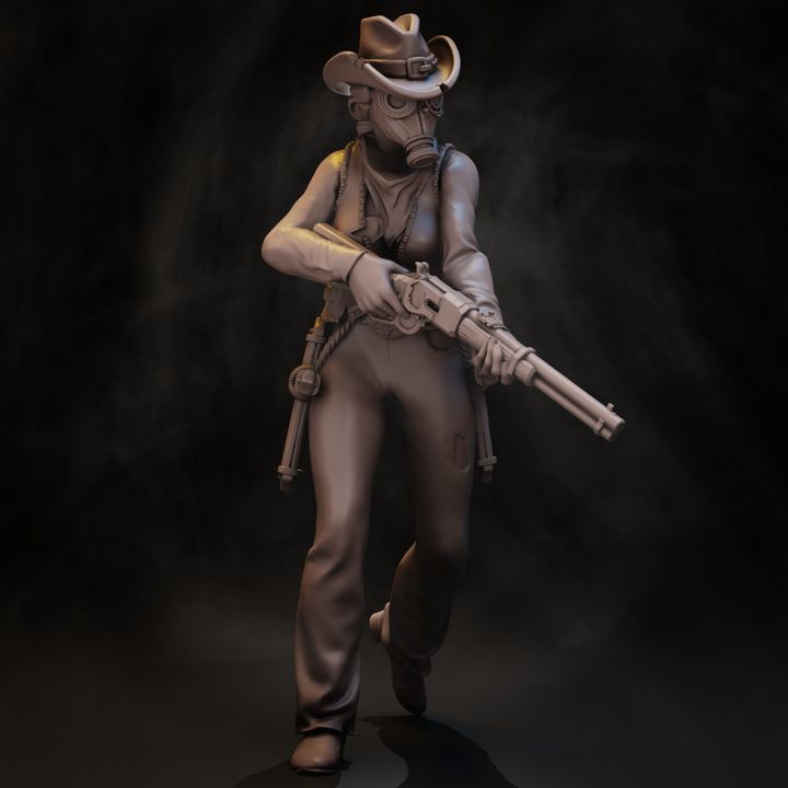 Female deputy figure holding lever-action rifle in combat stance wearing gas mask and cowboy hat side view